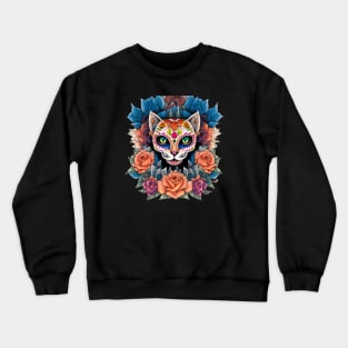 Sugar Skull Art featuring a mesmerizing Flower Skull Cat Crewneck Sweatshirt